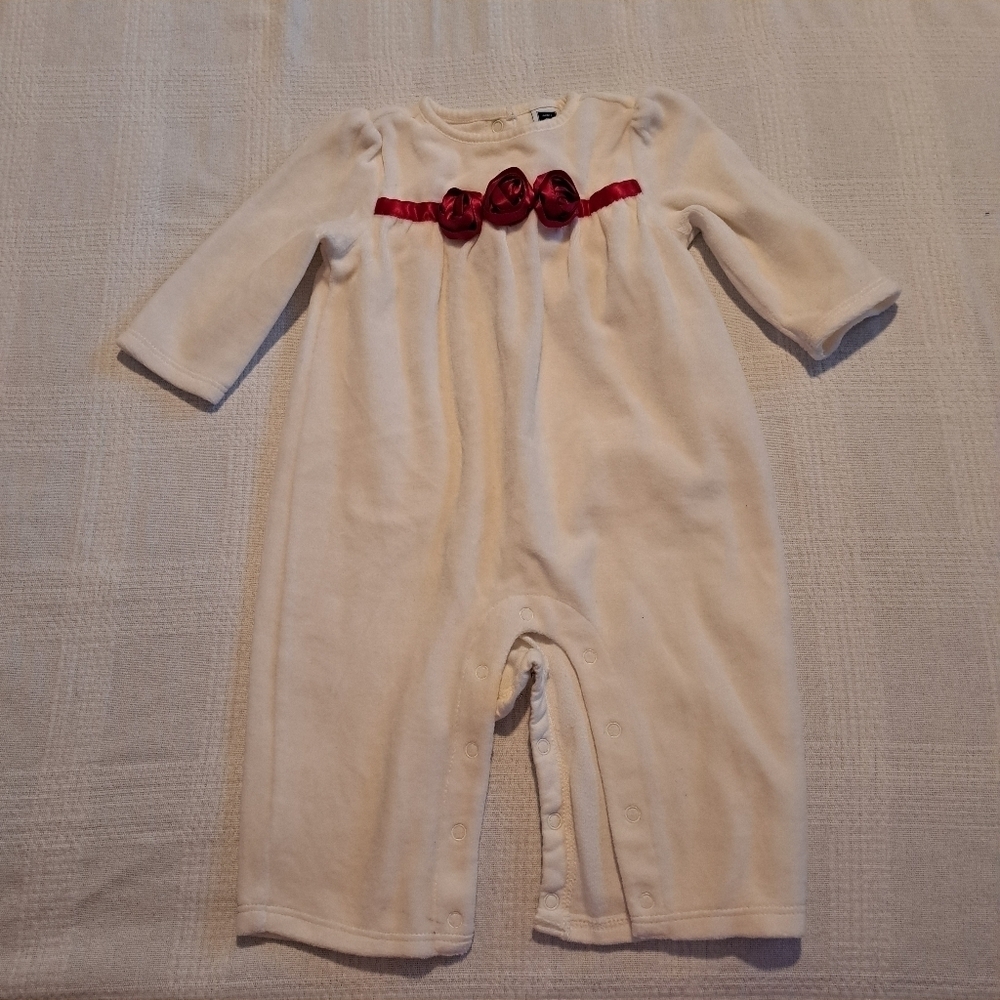 Janie and Jack size 3-6 months white velour romper with red ribbon flowers, VGUC